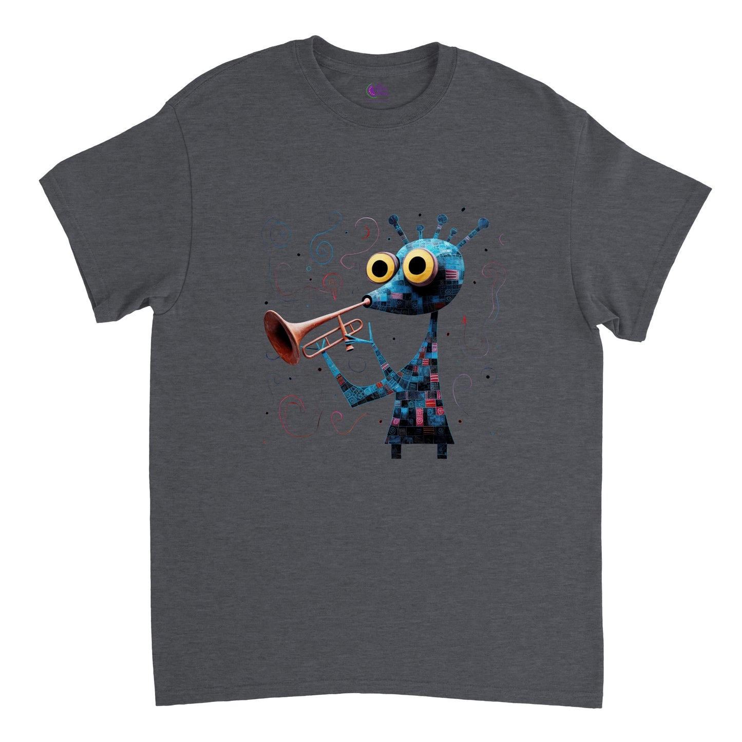 dark heather t-shirt with an abstract trumpet player print