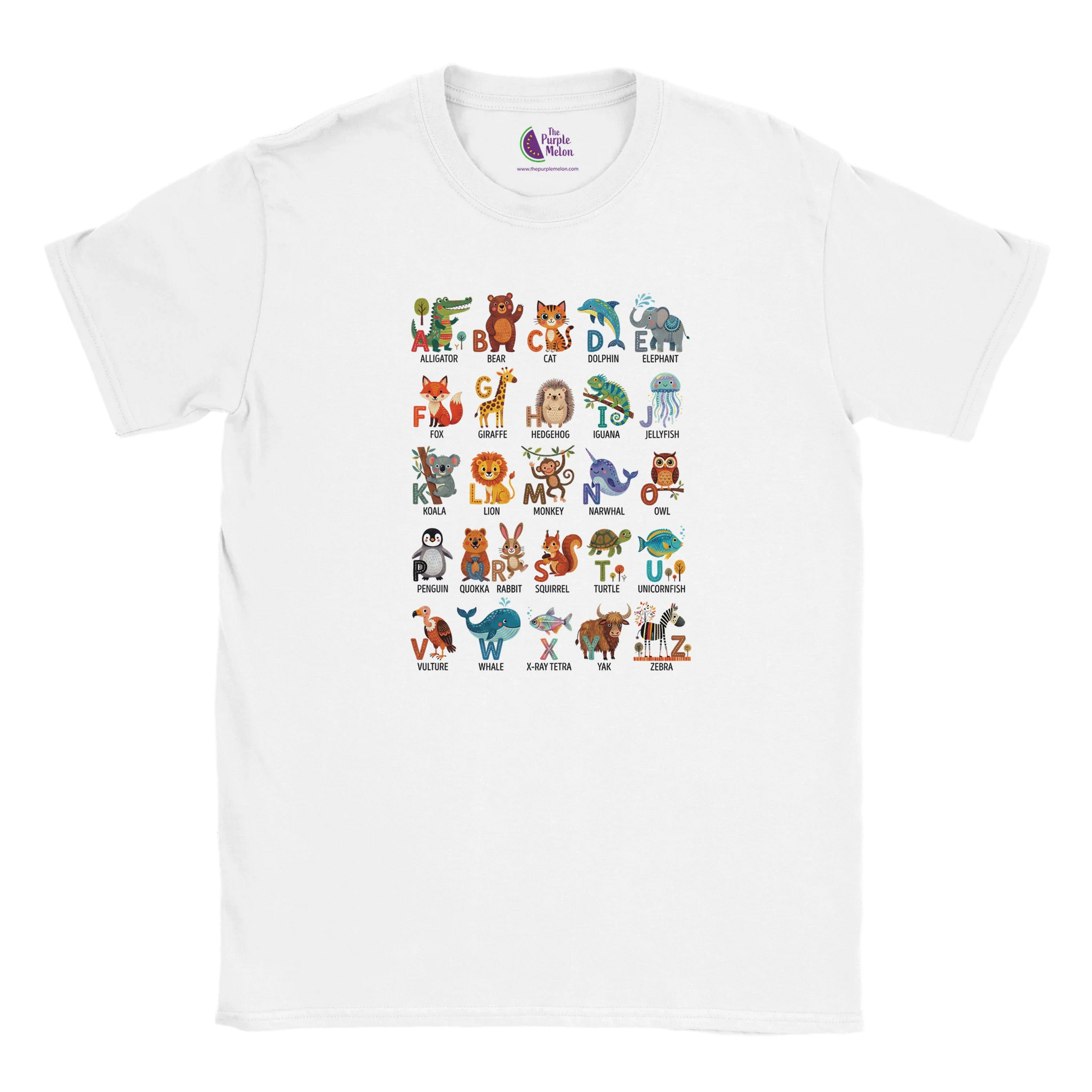 White kids’ T-shirt with a colourful A–Z Animal Alphabet illustration printed on the front.