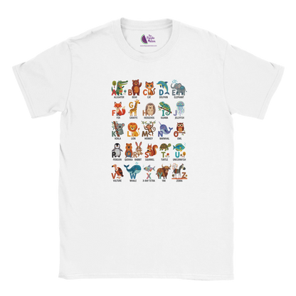 White kids’ T-shirt with a colourful A–Z Animal Alphabet illustration printed on the front.
