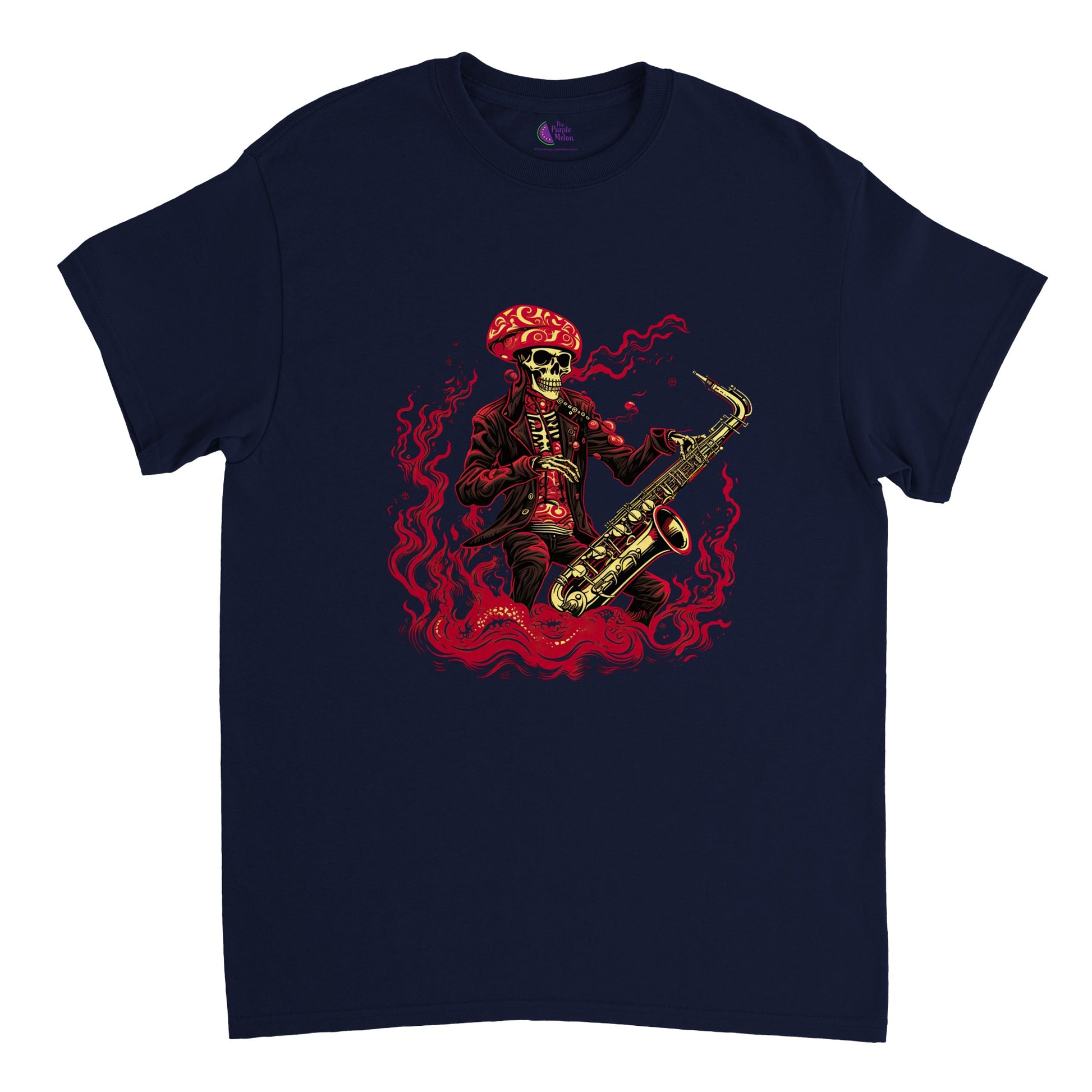 navy blue t-shirt with skeleton playing saxophone print