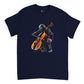 navy blue t-shirt with a spaceman playing the cello print
