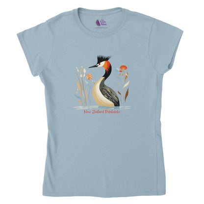 light blue t-shirt with the New Zealand Puteketeke print