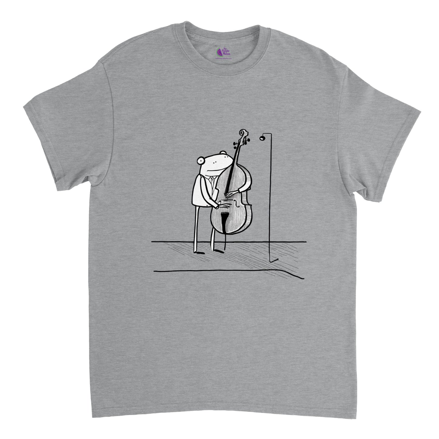 sports grey t-shirt with a frog playing a double bass print