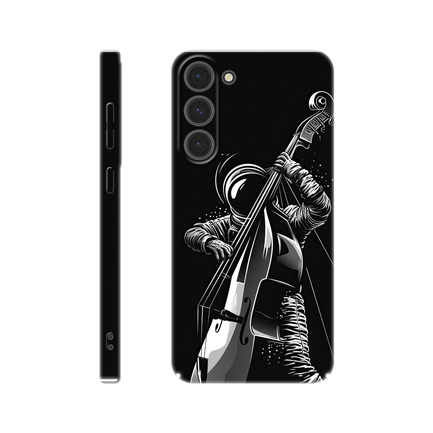 slim phone case with a double bass playing spaceman design