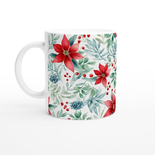 Joyful Sips: 11oz Ceramic Mug with Watercolor Christmas Poinsettia Flowers Print