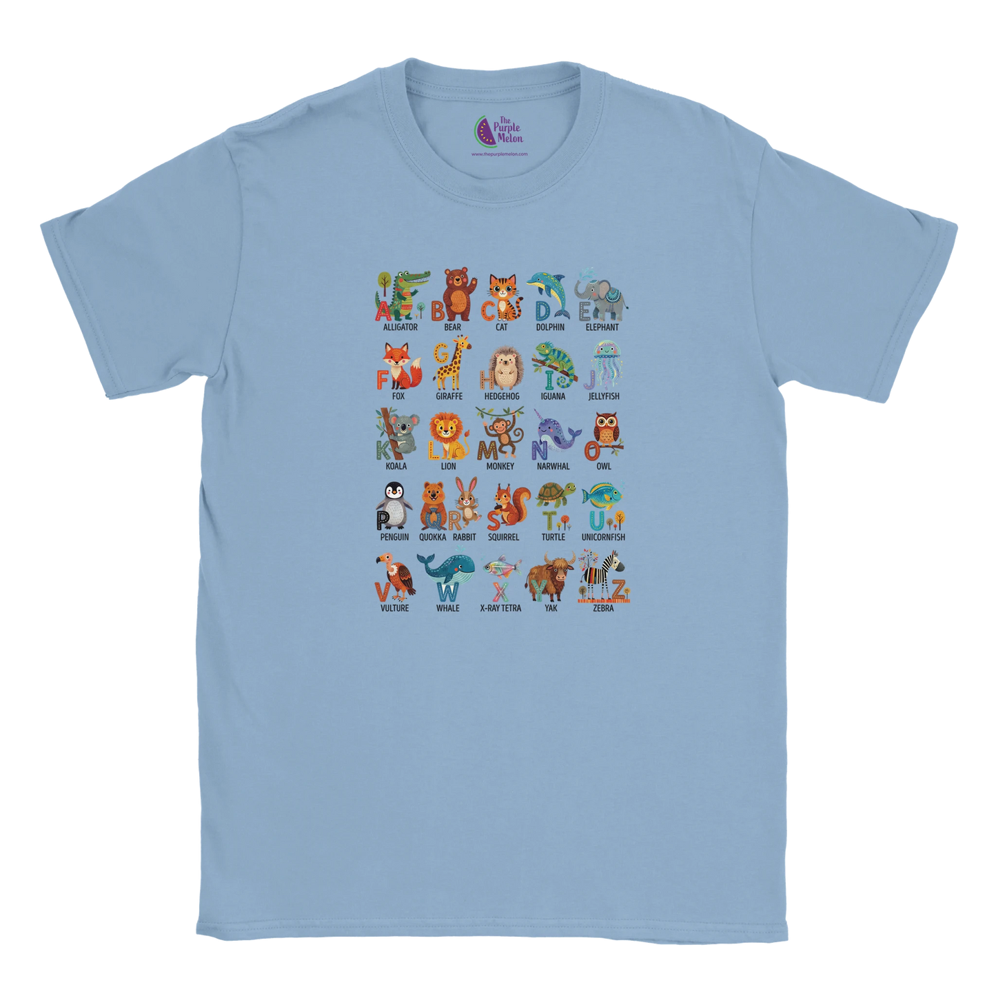 Light blue kids’ T-shirt with a colourful A–Z Animal Alphabet illustration printed on the front.