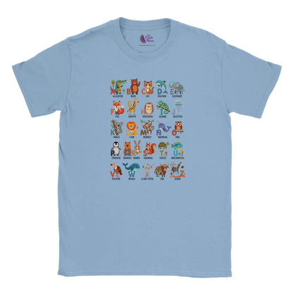 Light blue kids’ T-shirt with a colourful A–Z Animal Alphabet illustration printed on the front.