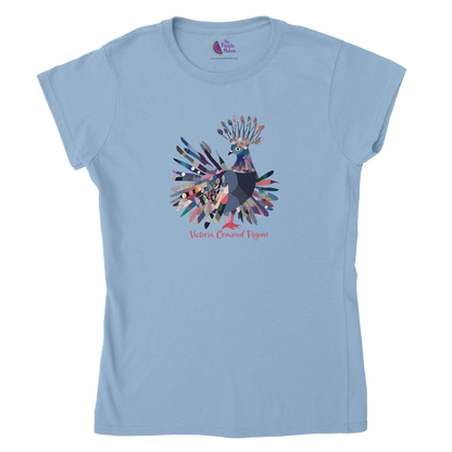 light blue t-shirt with a victoria crowned pigeon design