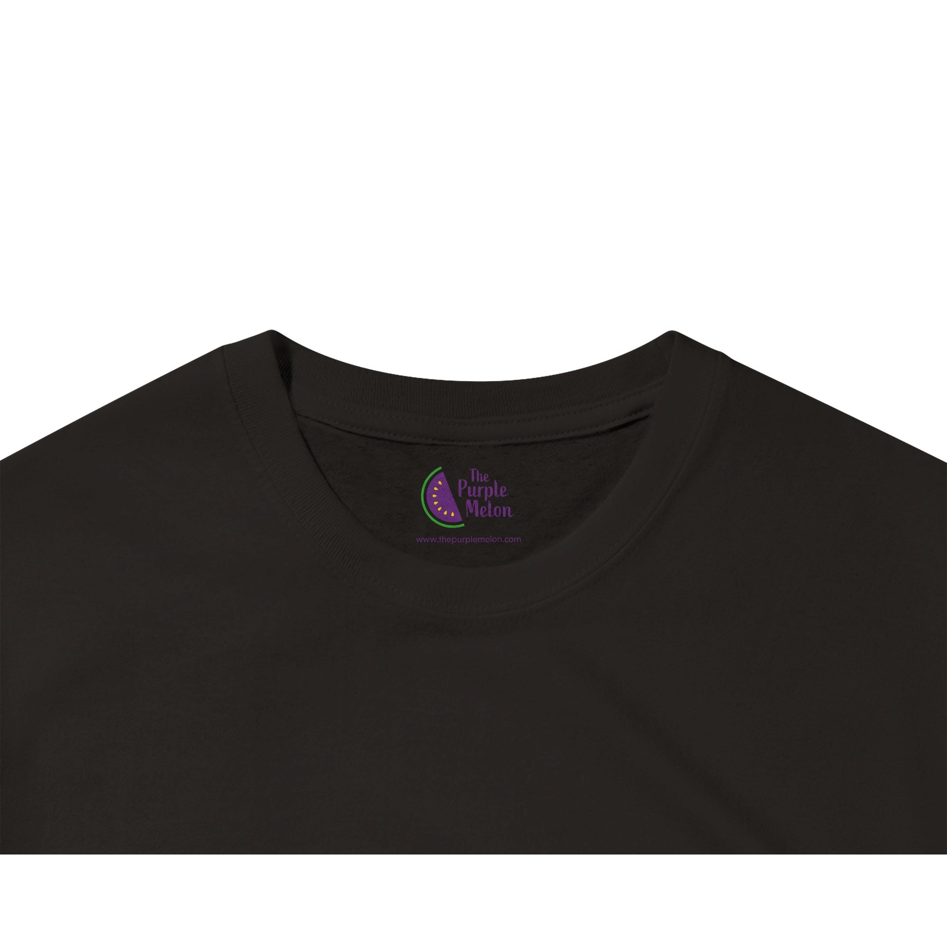 blackk t-shirt neck label with The Purple Melon logo