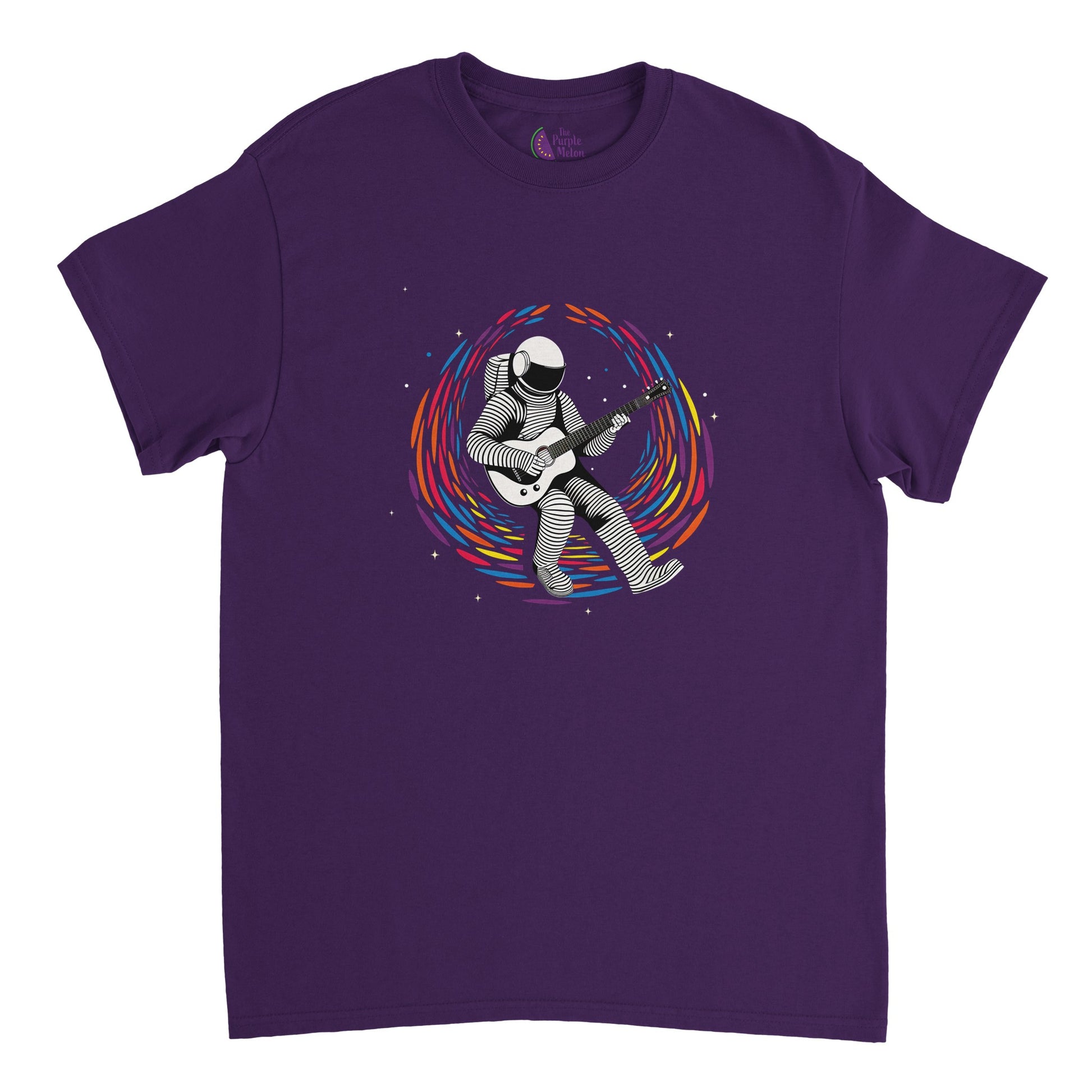 Purple t-shirt with a guitar playing spaceman floating in space 
