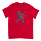 Red unisex T-shirt featuring a colourful cartoon robot rocking out on an electric guitar with a dynamic splatter effect behind it.