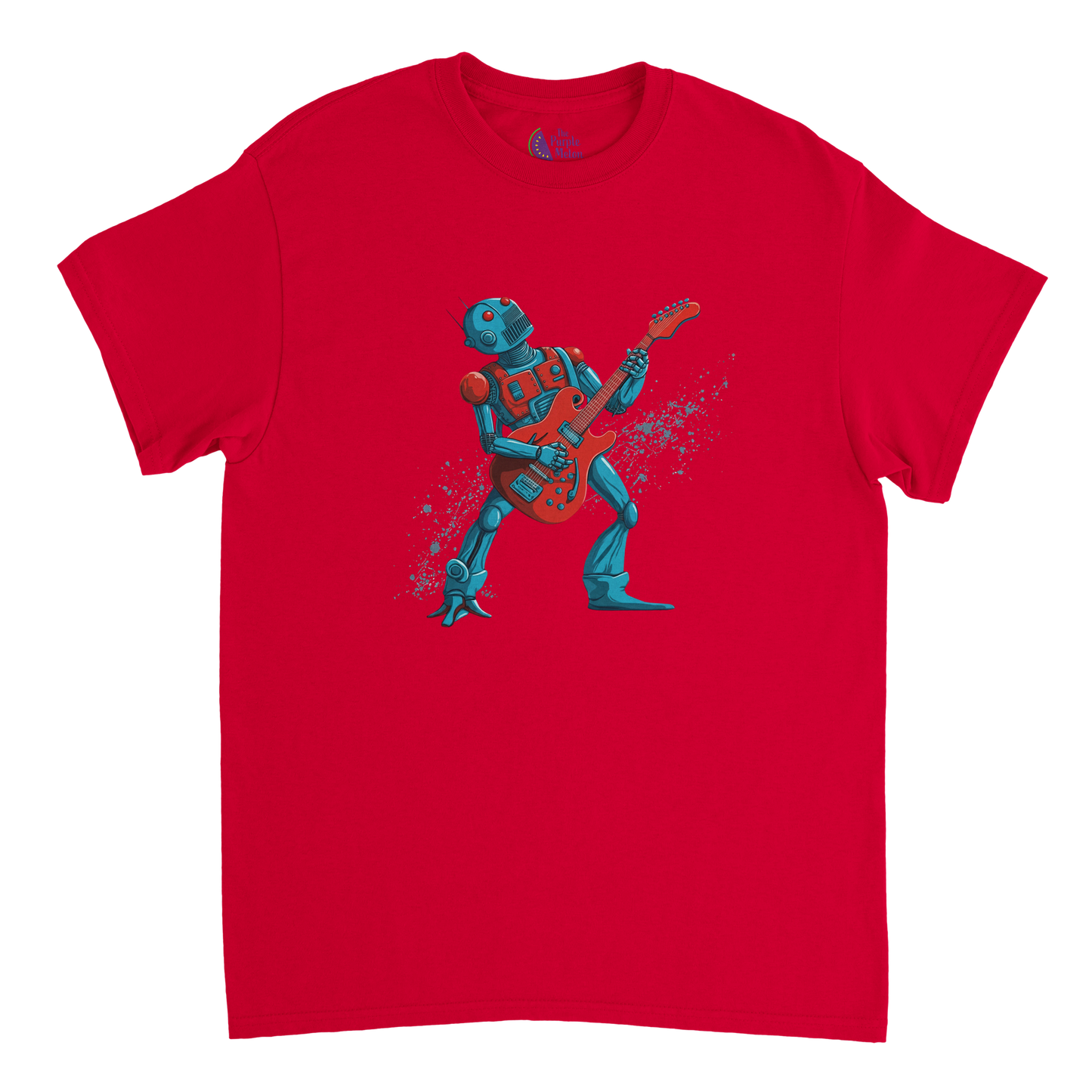 Red unisex T-shirt featuring a colourful cartoon robot rocking out on an electric guitar with a dynamic splatter effect behind it.