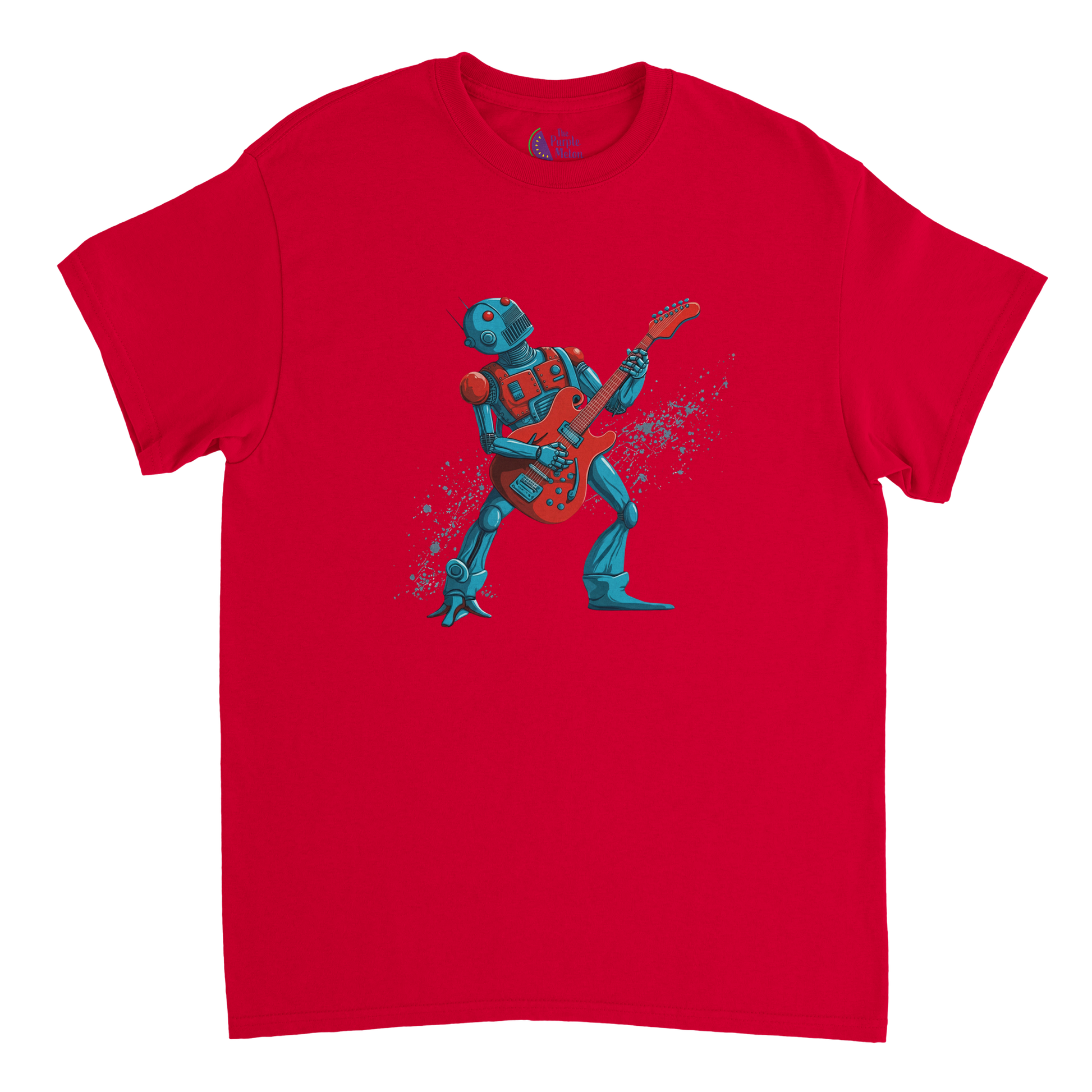 Red unisex T-shirt featuring a colourful cartoon robot rocking out on an electric guitar with a dynamic splatter effect behind it.