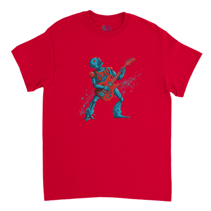 Red unisex T-shirt featuring a colourful cartoon robot rocking out on an electric guitar with a dynamic splatter effect behind it.
