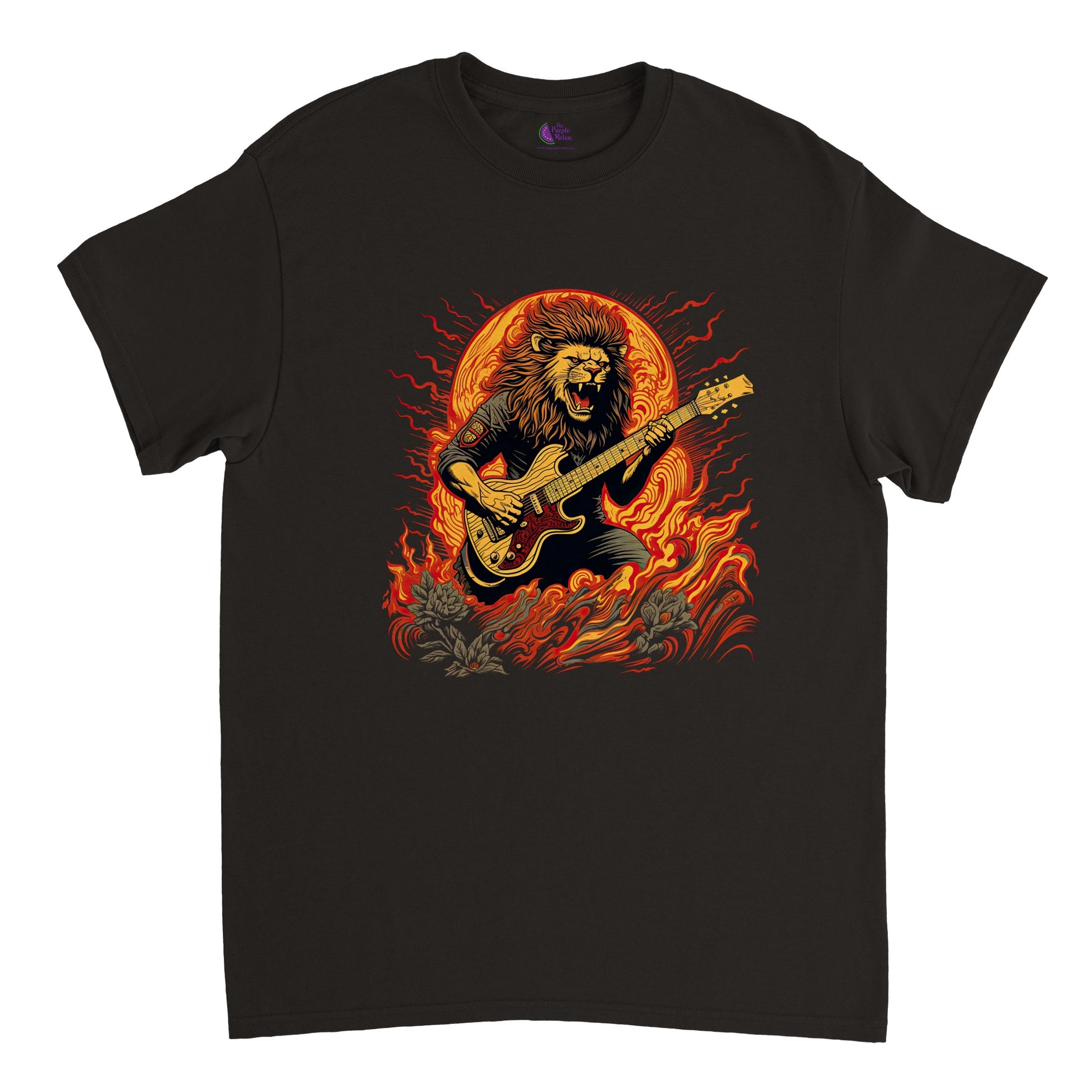 black t-shirt with a lion playing guitar print