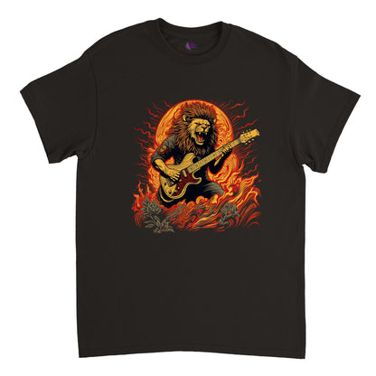 black t-shirt with a lion playing guitar print