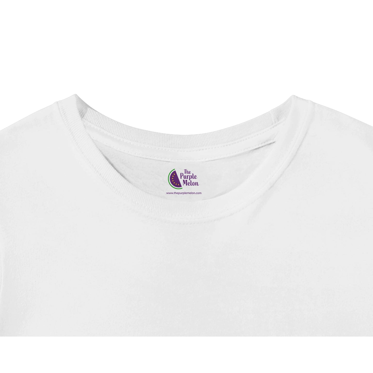 white t-shirt neck label with The Purple Melon logo