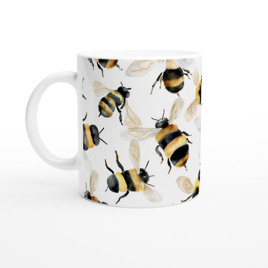 Bumble Bee Bliss: 11oz Ceramic Mug with Watercolor Painted Bumble Bees Pattern