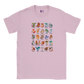 Pink kids’ T-shirt featuring a colourful A–Z Animal Alphabet illustration printed on the front