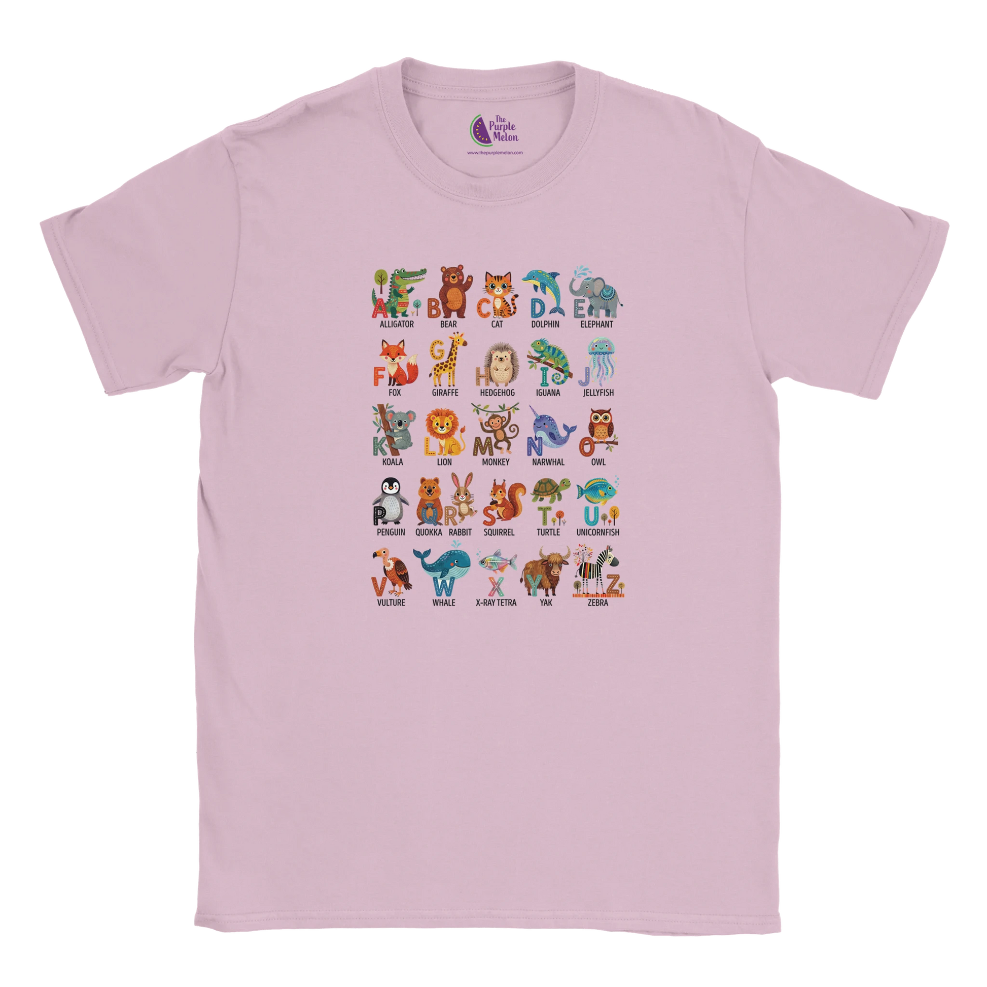 Pink kids’ T-shirt featuring a colourful A–Z Animal Alphabet illustration printed on the front