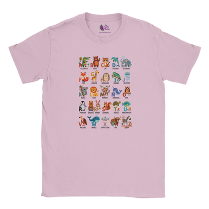 Pink kids’ T-shirt featuring a colourful A–Z Animal Alphabet illustration printed on the front