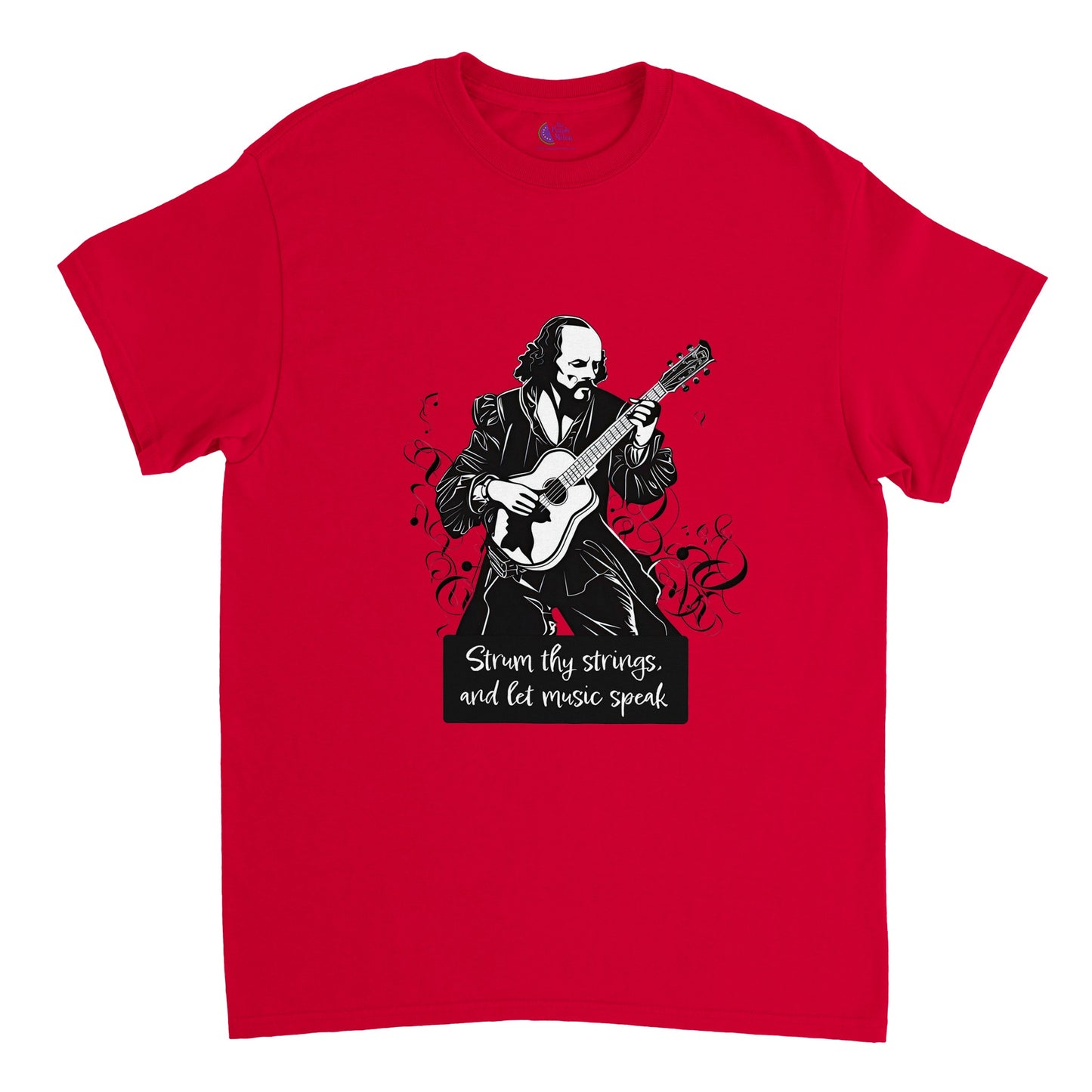 Red t-shirt with Shakespeare playing the guitar and the caption 'Strum They Strings and Let Music Speak'