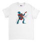 White unisex T-shirt featuring a colourful cartoon robot rocking out on an electric guitar with a dynamic splatter effect behind it.