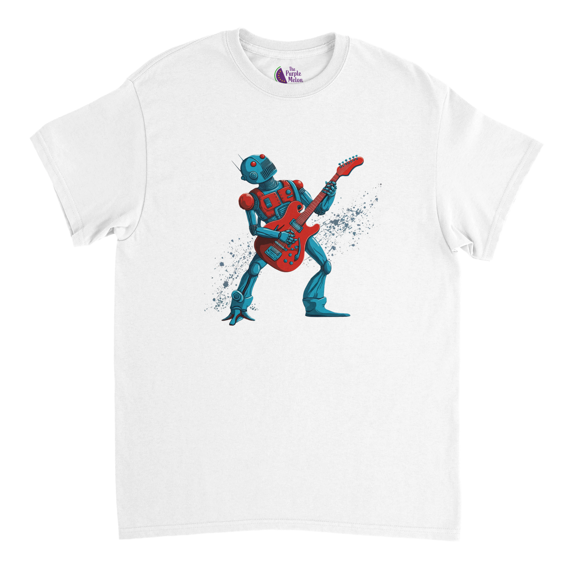 White unisex T-shirt featuring a colourful cartoon robot rocking out on an electric guitar with a dynamic splatter effect behind it.