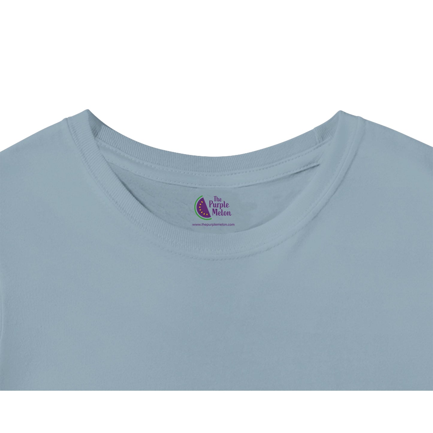 light blue t-shirt neck label with the purple melon logo
