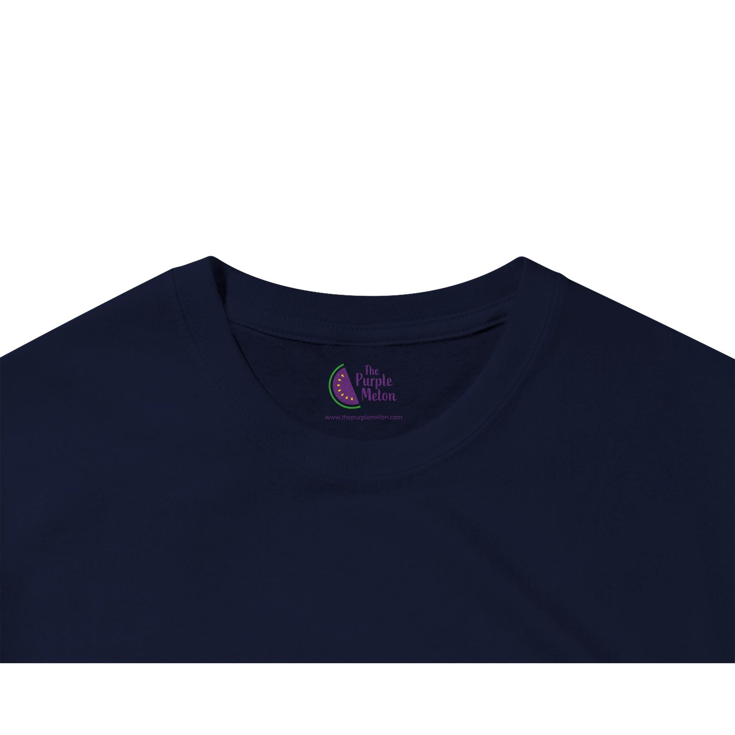 navy blue t-shirt neck label with The Purple Melon logo
