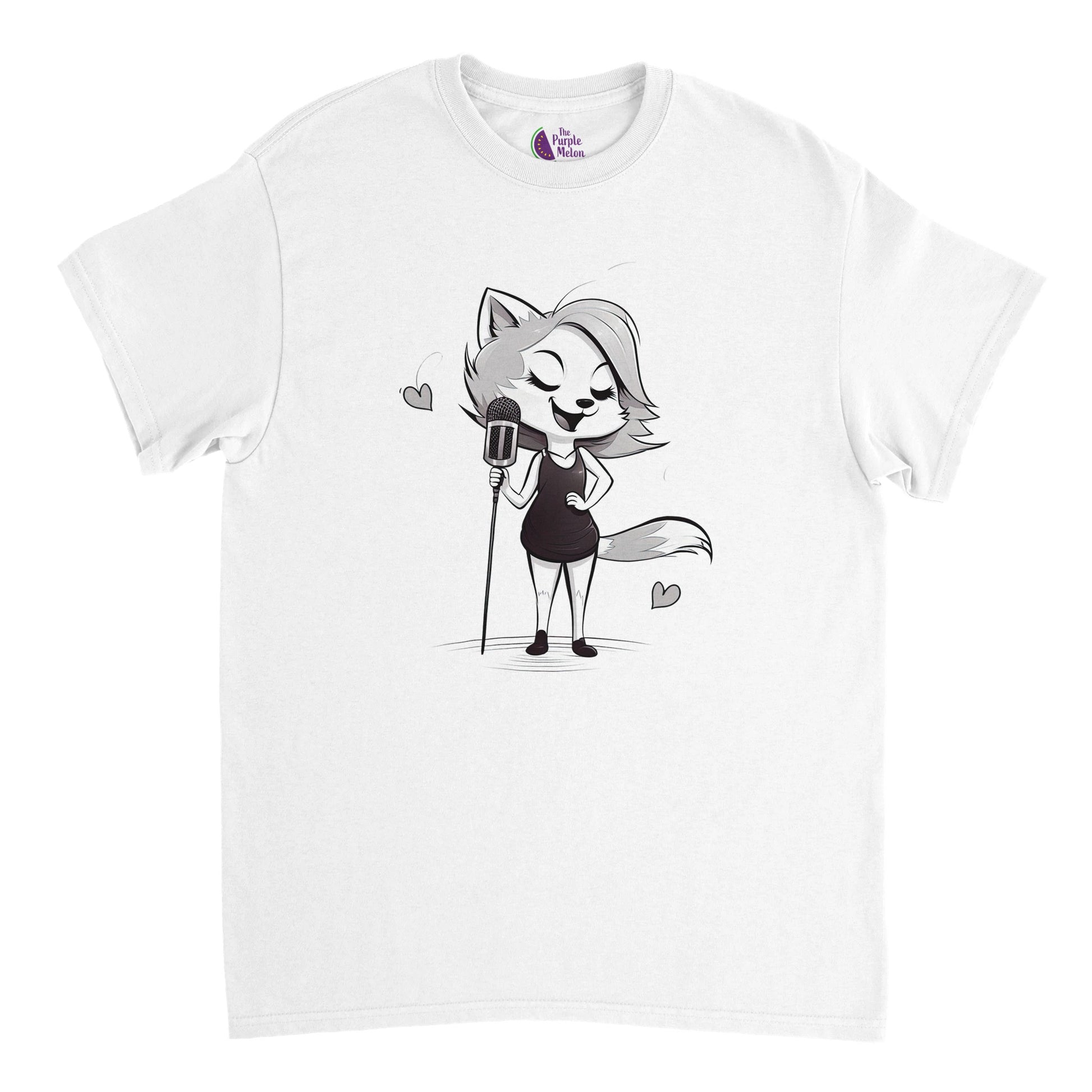 white t-shirt with a cute singing fox print