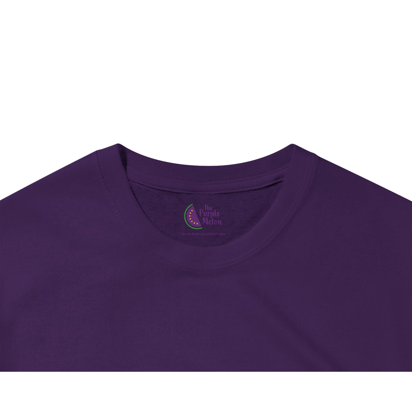 Purple t-shirt neck label with The Purple Melon logo