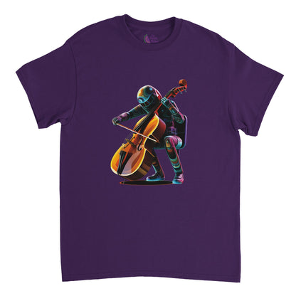 purple t-shirt with a spaceman playing the cello print