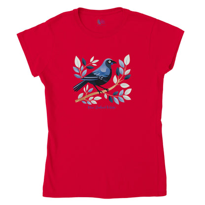 red t-shirt with a New Zealand Kokako bird print