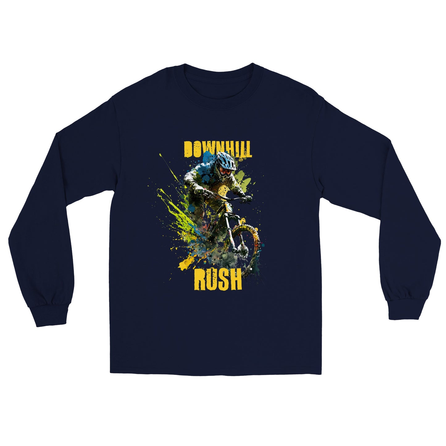 Navy Blue long sleeve t-shirt with Downhill Rush Mountain bike graphic