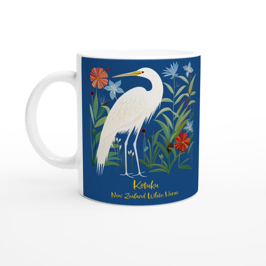 11oz coffee mug with Kotuku New Zealand White Heron print