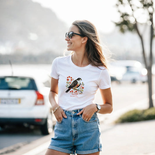 Woman wearing a white t-shirt with a Karearea NZ Falcon – 2025 Bird of the Year design outdoors