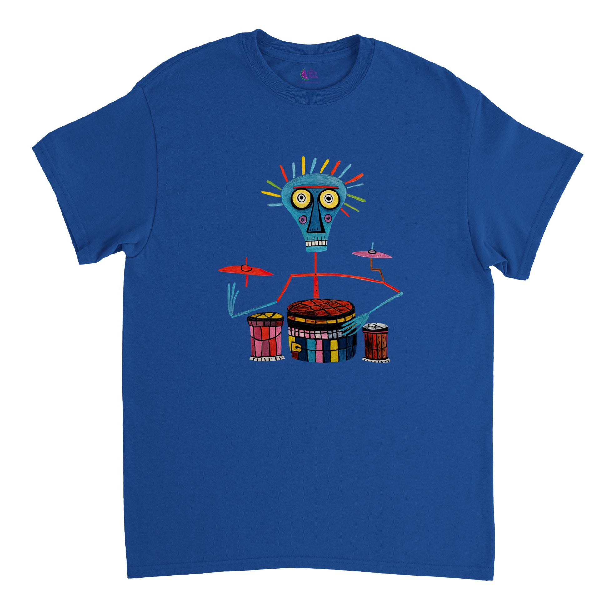 royal blue t-shirt with an abstract print of a bongo player