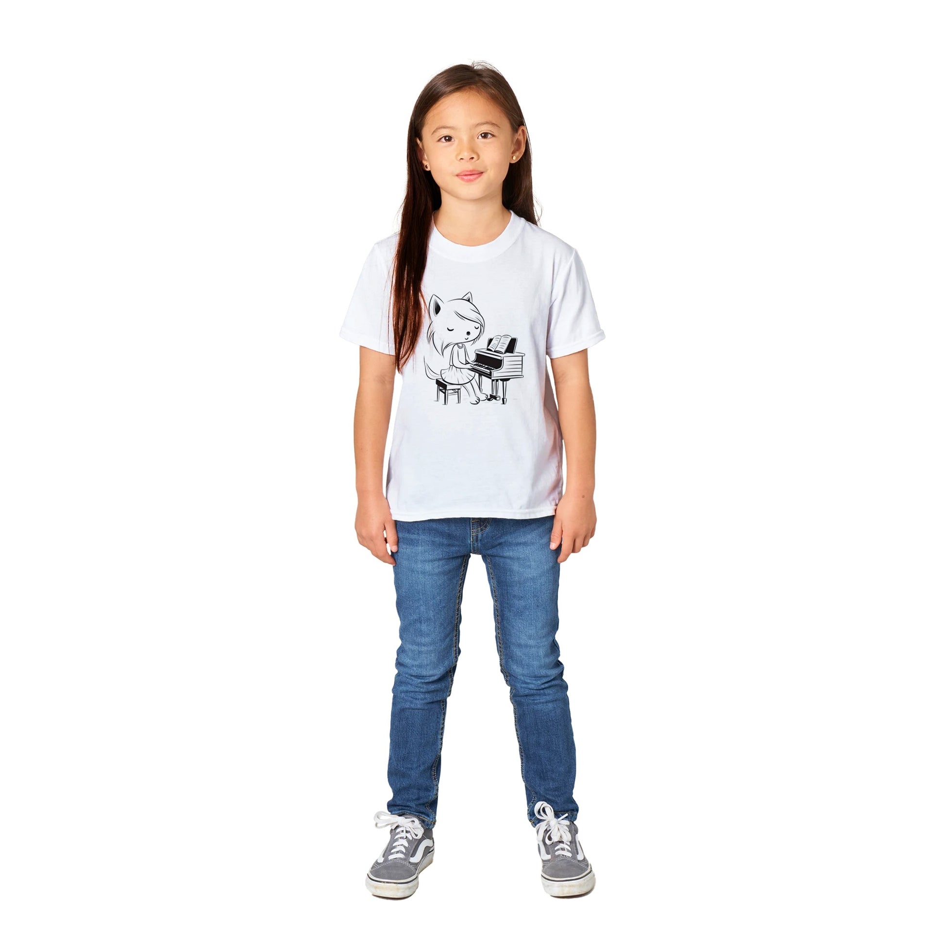 girl wearing a white kids t-shirt with cute fox playing the piano print