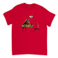 red t-shirt with an abstract giraffe pianist print