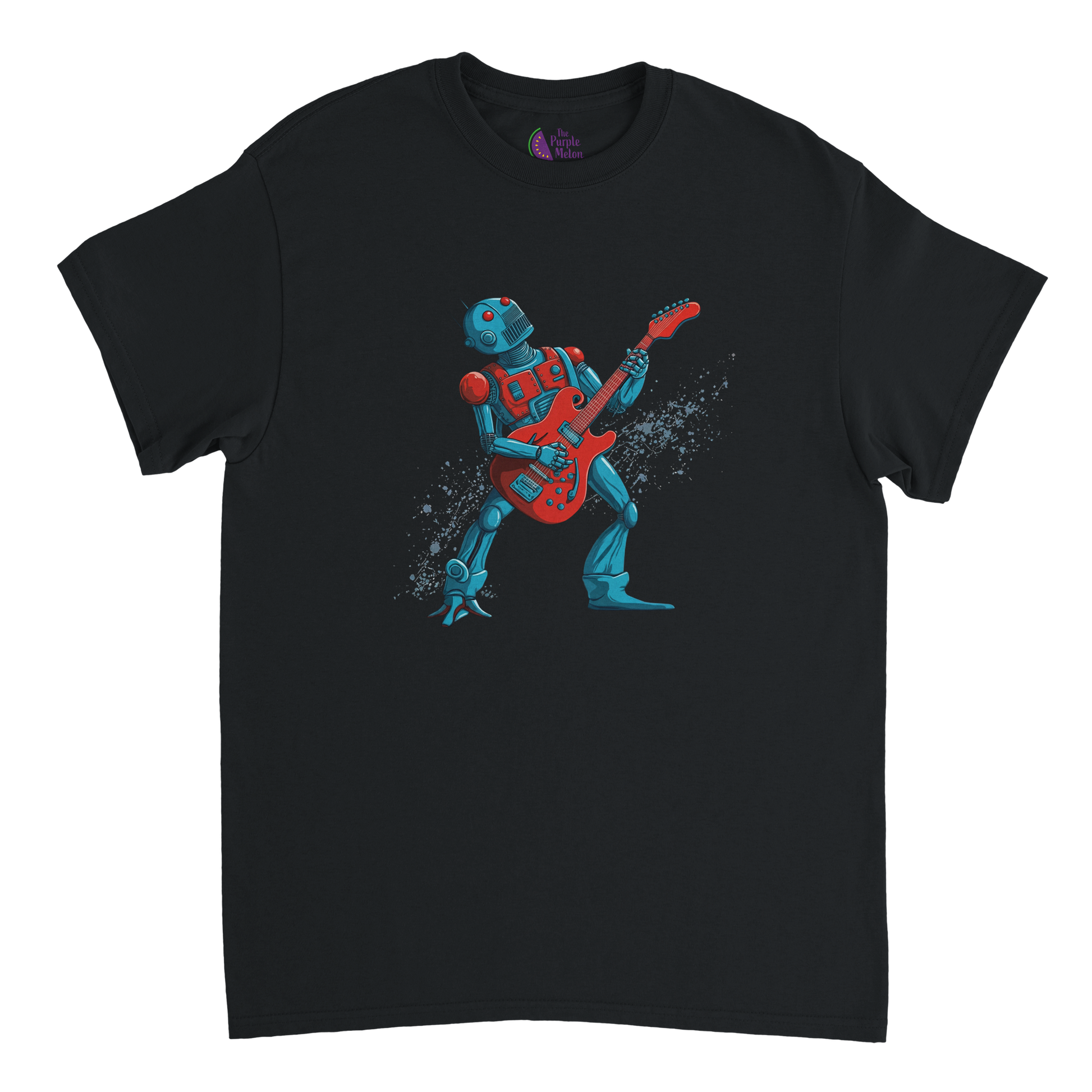 Black unisex T-shirt featuring a colourful cartoon robot rocking out on an electric guitar with a dynamic splatter effect behind it.