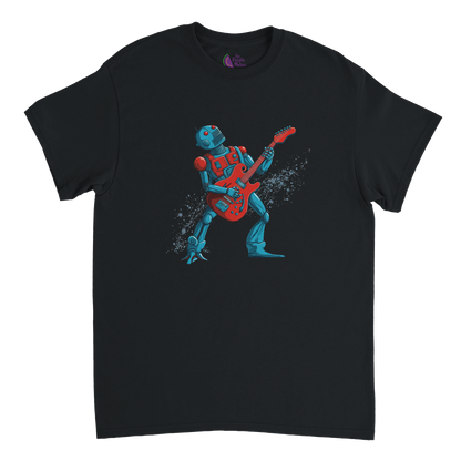 Black unisex T-shirt featuring a colourful cartoon robot rocking out on an electric guitar with a dynamic splatter effect behind it.
