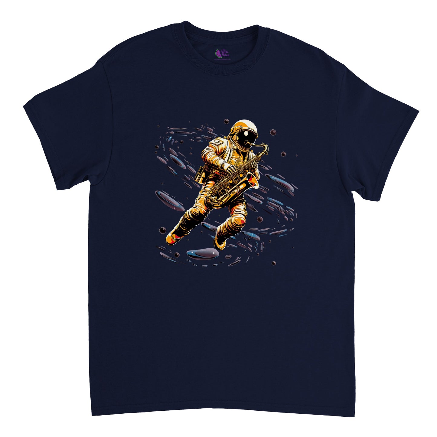 navy blue t-shirt with a saxophone playing spaceman print