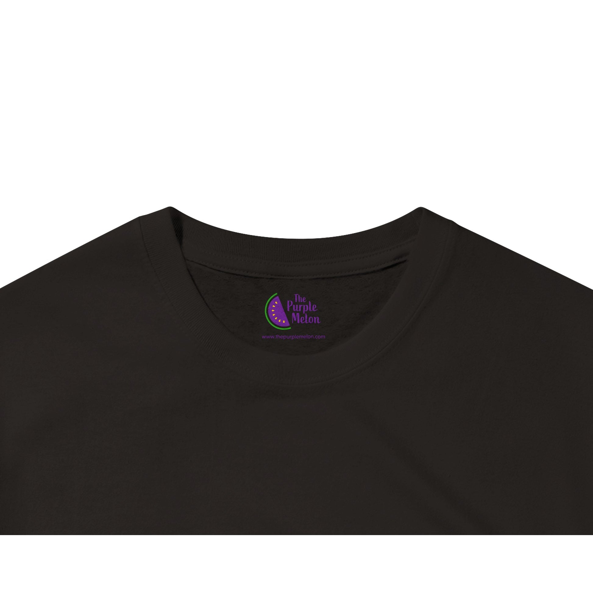 black t-shirt with neck label with the purple melon logo