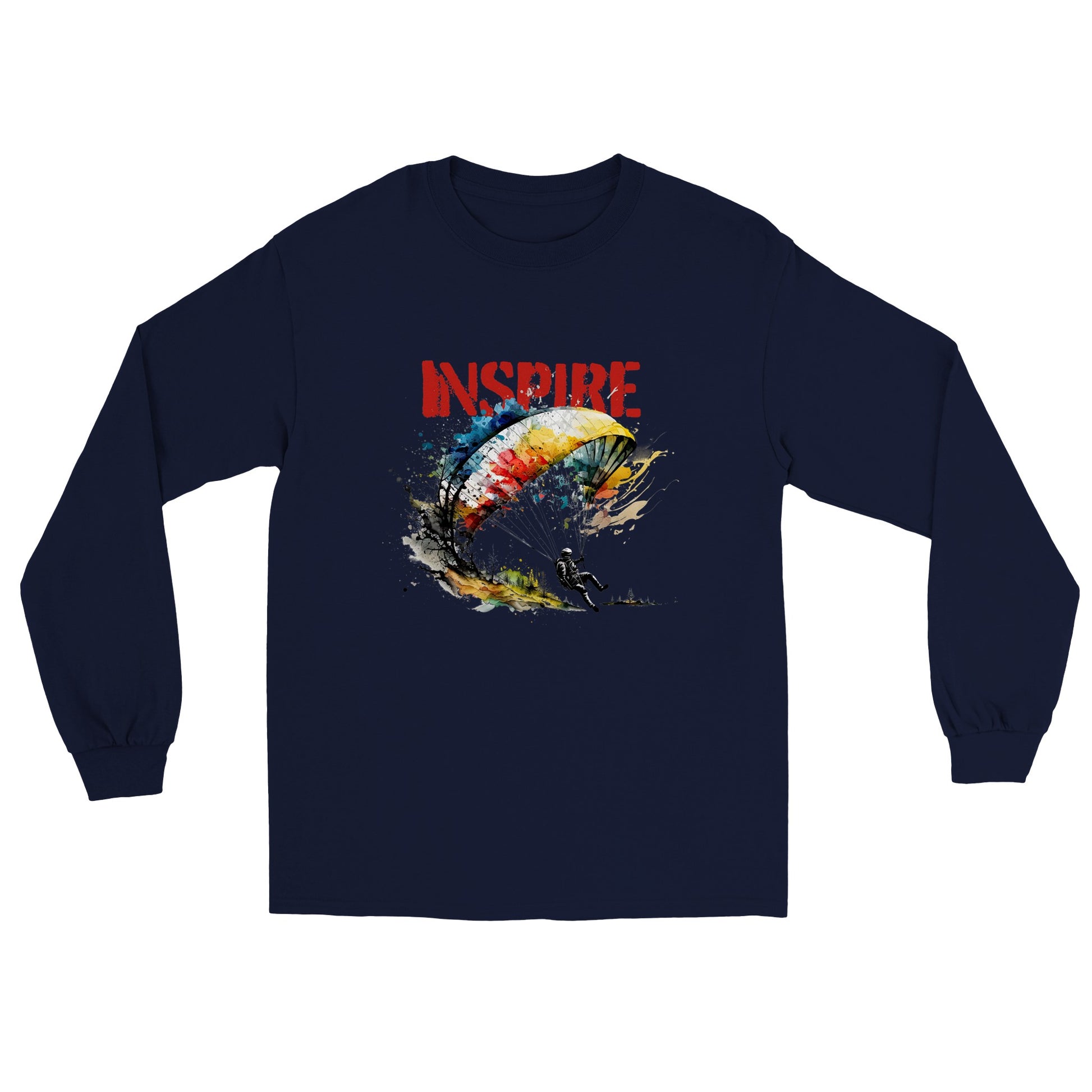 Navy blue long sleeve t-shirt with a paraglider graphic and Inspire caption