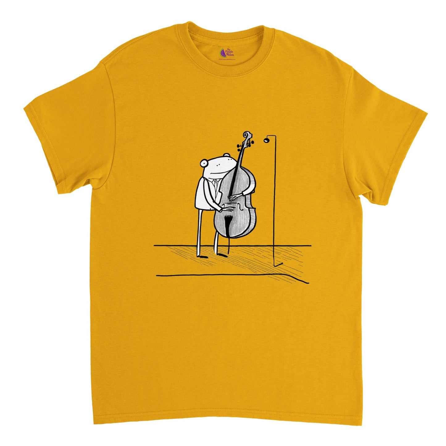 gold t-shirt with a frog playing a double bass print