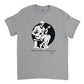 a sports grey t-shirt with a print of Aristotle playing a guitar and the caption Happiness depends on playing guitar
