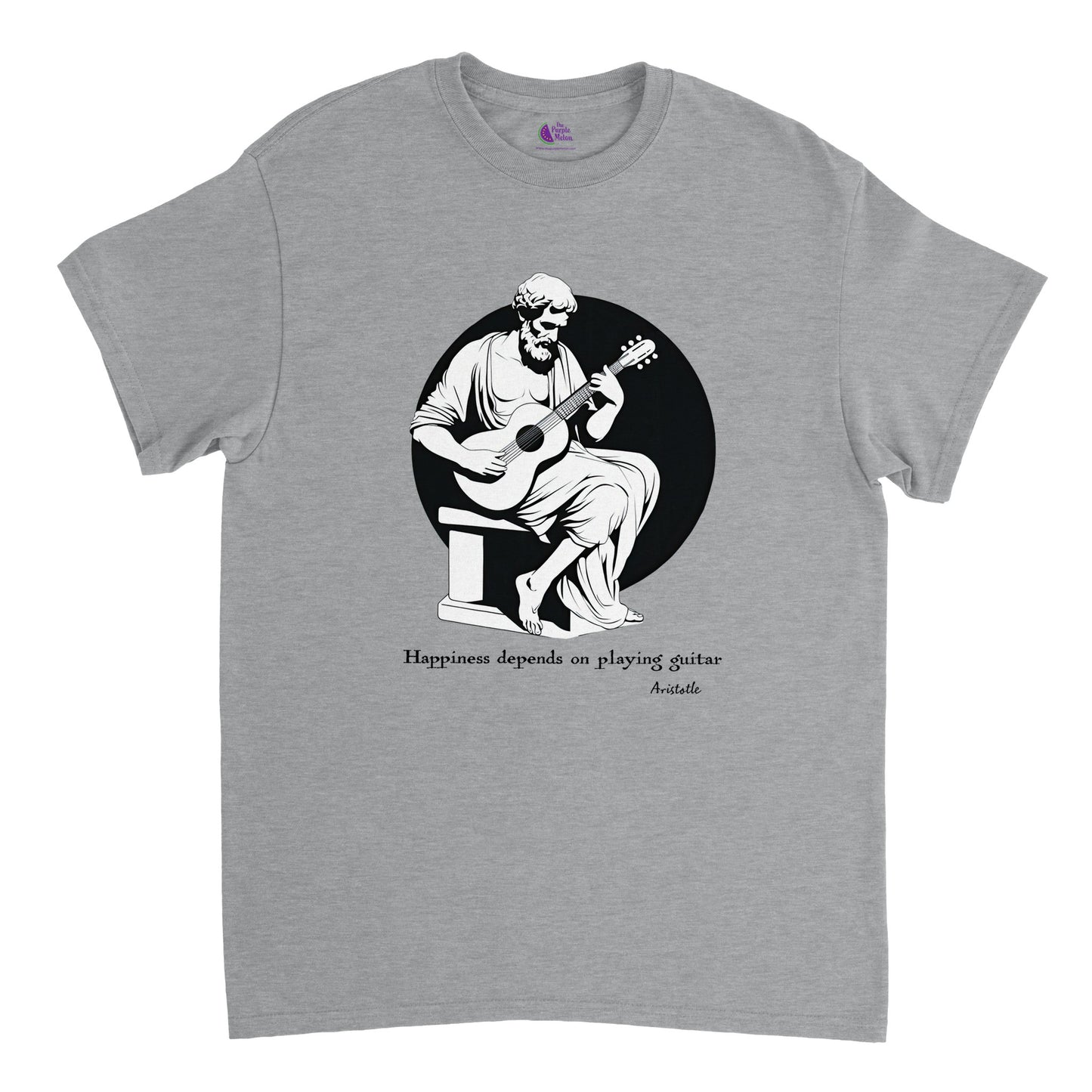 a sports grey t-shirt with a print of Aristotle playing a guitar and the caption Happiness depends on playing guitar