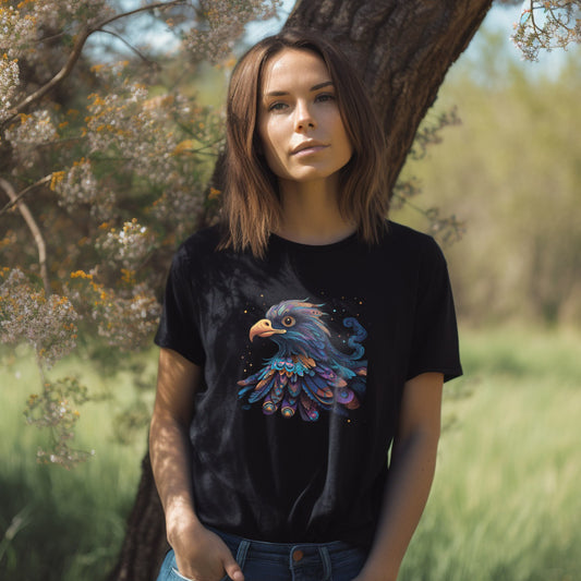 woman wearing a black t-shirt with a colorful abstract eagle print