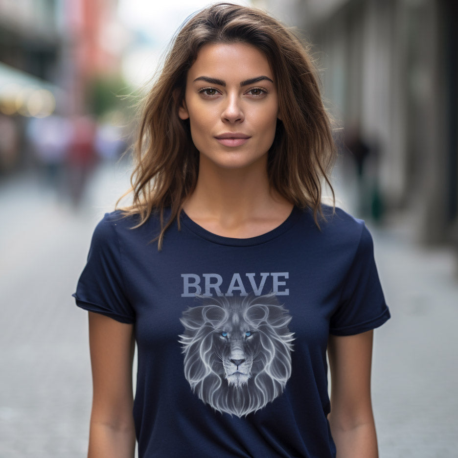 Young woman wearing a navy blue t-shirt with a brave lion print